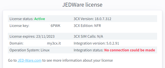 JEDWare License shows no connection