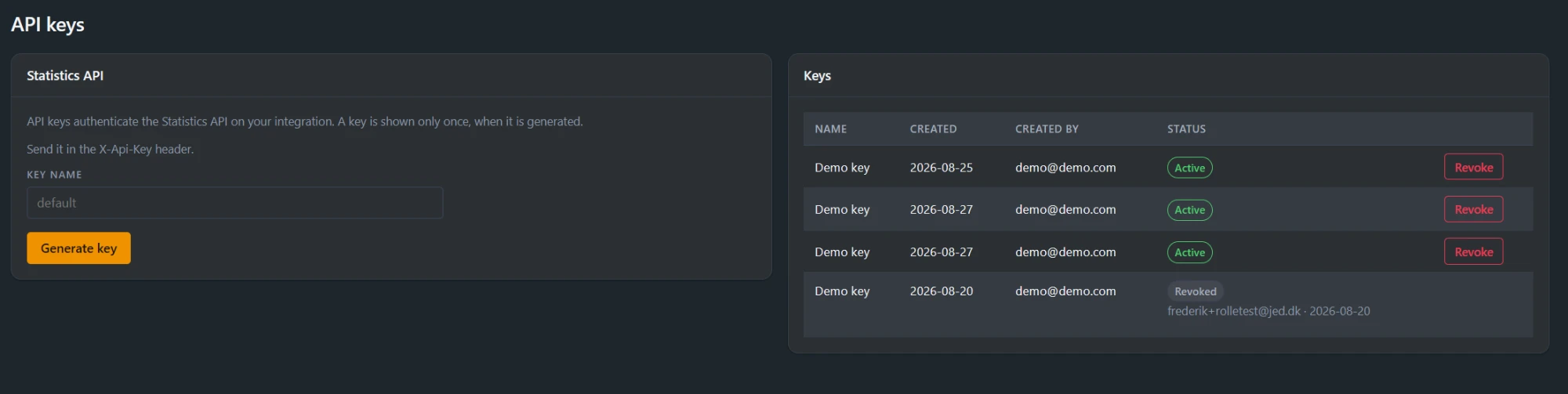 The API keys page in JEDWare