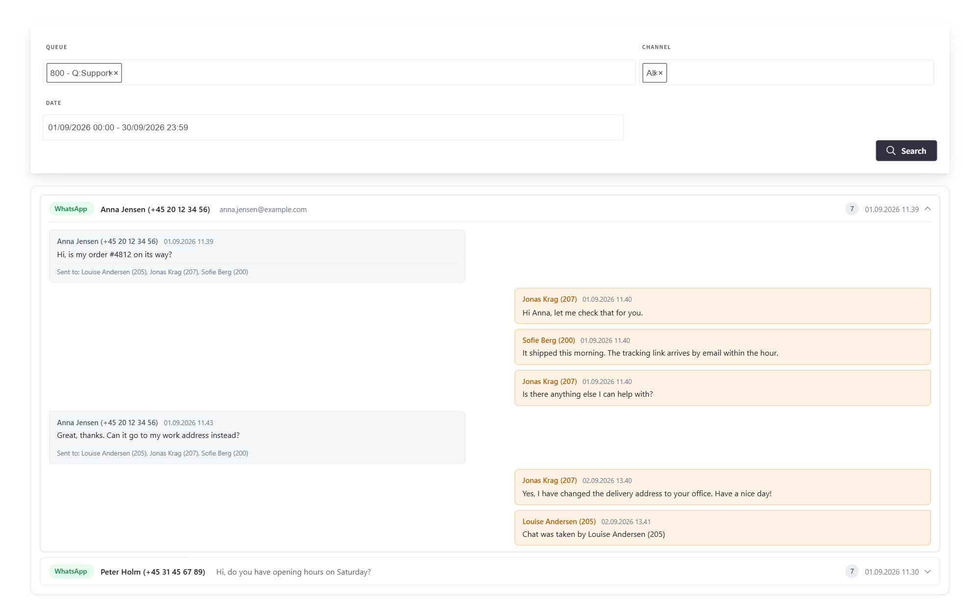 JEDWare Queue Chat: a WhatsApp conversation routed through a 3CX queue, with the messages and the agents who handled it