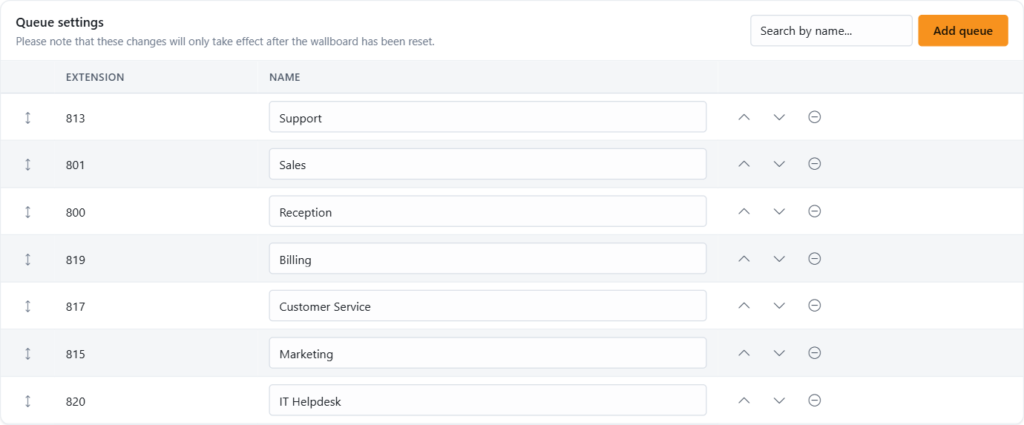 Queues tab for Layout 10 with the queue list, reorder arrows, delete icons and the Add queue button