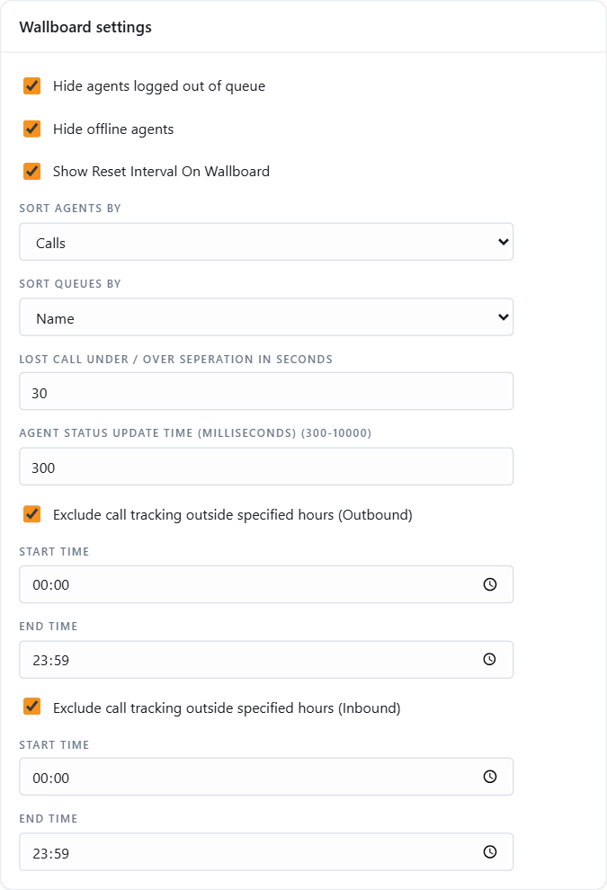 Wallboard settings panel for Layout 10: hide agents, sort agents and queues, lost call separation, status update time and call tracking hours