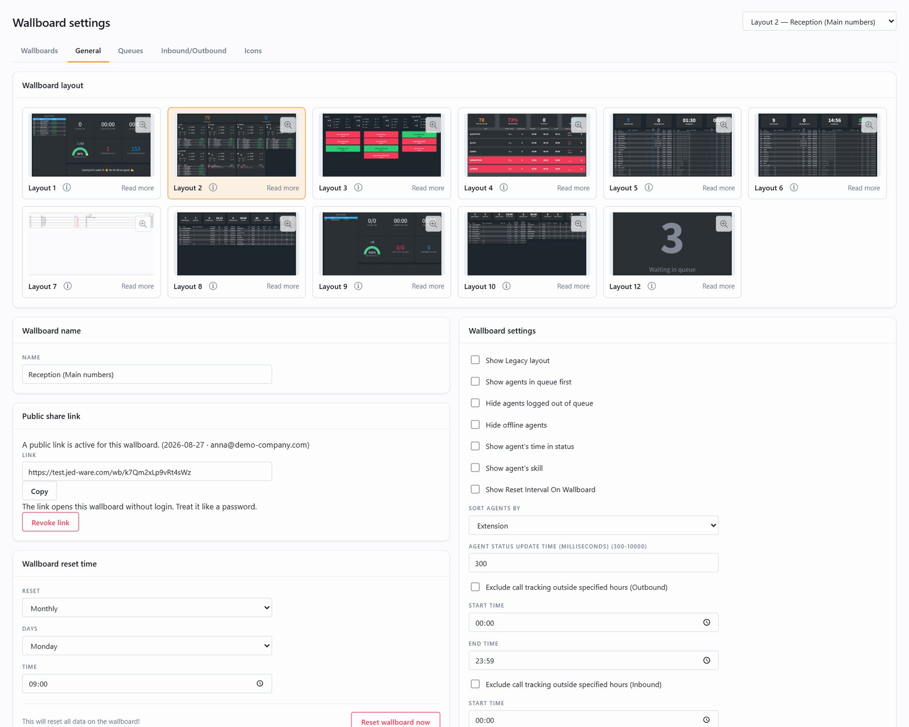 JEDWare wallboard settings page